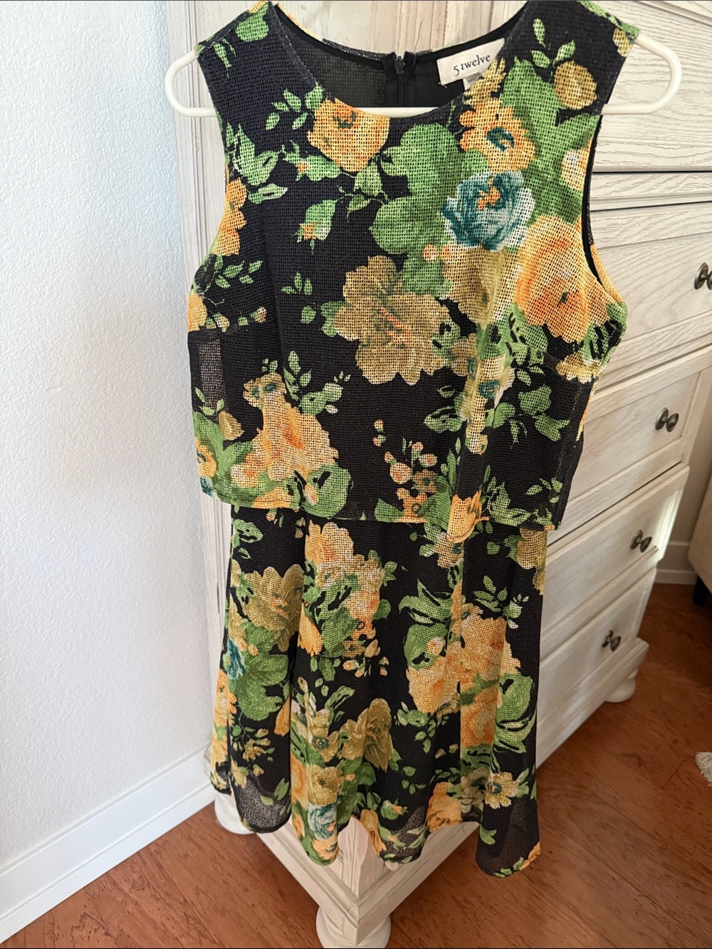 Black Floral Fit & Flare Dress with Yellow and Green Bloom